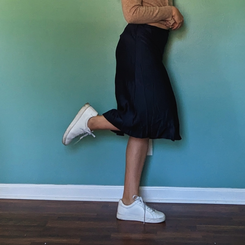 Quince Navy Washable Silk Midi Skirt